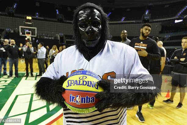 The Gorilla, mascot of the Phoenix Suns, participates in a NBA Cares Unified Basketball Clinic during NBA Global Games at Arena Ciudad de Mexico on...