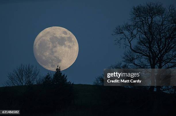 So-called wolf moon rises over Glastonbury Tor on January 11, 2017 in Somerset, England. In some parts of the world, the January full moon is...