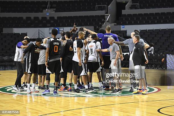 The Phoenix Suns huddle up before practice during NBA Global Games at Arena Ciudad de Mexico on January 11, 2017 in Mexico City, Mexico. NOTE TO...