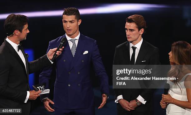 Host Marco Schreyl and The Best FIFA Men's Player nominees Cristiano Ronaldo of Portugal and Real Madrid and Antoine Griezmann of France and Atletico...