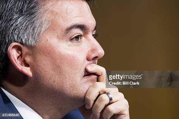 Sen. Cory Gardner, R-Colo., listens as Secretary of State nominee Rex Wayne Tillerson testifies during his Senate Foreign Relations Committee...