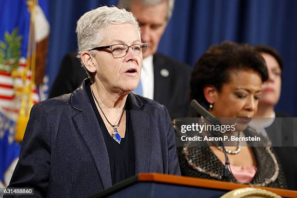 Administrator Gina McCarthy announces a settlement with Volkswagen in their emissions controversy at the Justice Department on January 11, 2017 in...