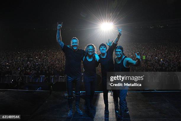 James Hetfield, Kirk Hammett, Lars Ulrich, and Robert Trujillo of Metallica perform at Gocheok Sky Dome on January 11, 2017 in Seoul, South Korea.