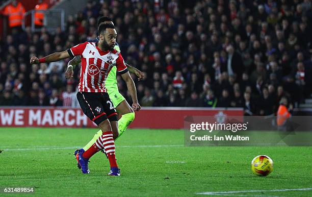 Nathan Redmond of Southampton scores their first goal during the EFL Cup semi-final first leg match between Southampton and Liverpool at St Mary's...