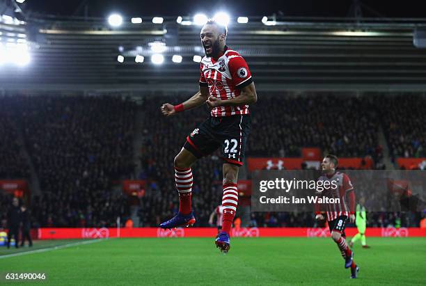 Nathan Redmond of Southampton celebrates as he scores their first goal during the EFL Cup semi-final first leg match between Southampton and...