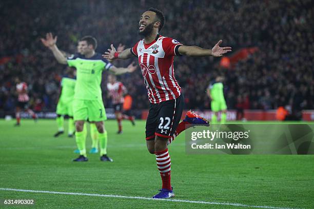 Nathan Redmond of Southampton celebrates as he scores their first goal during the EFL Cup semi-final first leg match between Southampton and...