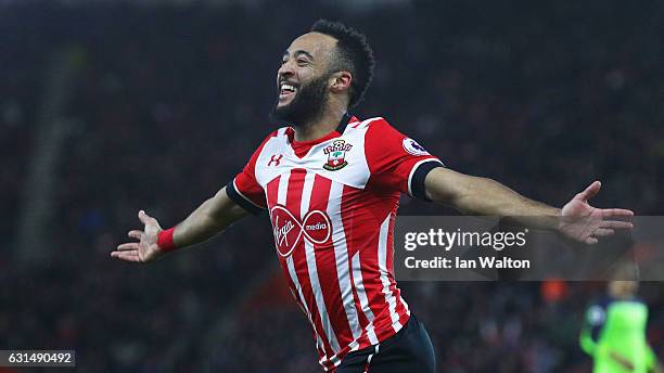 Nathan Redmond of Southampton celebrates as he scores their first goal during the EFL Cup semi-final first leg match between Southampton and...