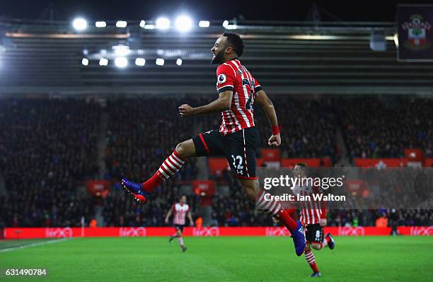 Nathan Redmond of Southampton celebrates as he scores their first goal during the EFL Cup semi-final first leg match between Southampton and...
