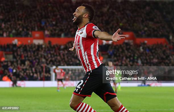 Nathan Redmond of Southampton celebrates after he scores a goal to make it 1-0 during the EFL Cup semi-final first leg match between Southampton and...