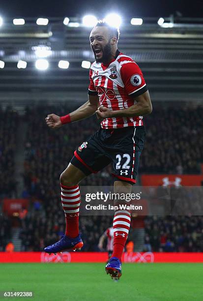 Nathan Redmond of Southampton celebrates as he scores their first goal during the EFL Cup semi-final first leg match between Southampton and...