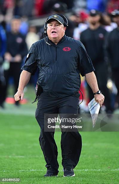 Head coach Chip Kelly of the San Francisco 49ers reacts during the game against the Los Angeles Rams at Los Angeles Memorial Coliseum on December 24,...