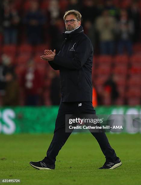 Jurgen Klopp manager / head coach of Liverpool applauds after the EFL Cup semi-final first leg match between Southampton and Liverpool at St Mary's...