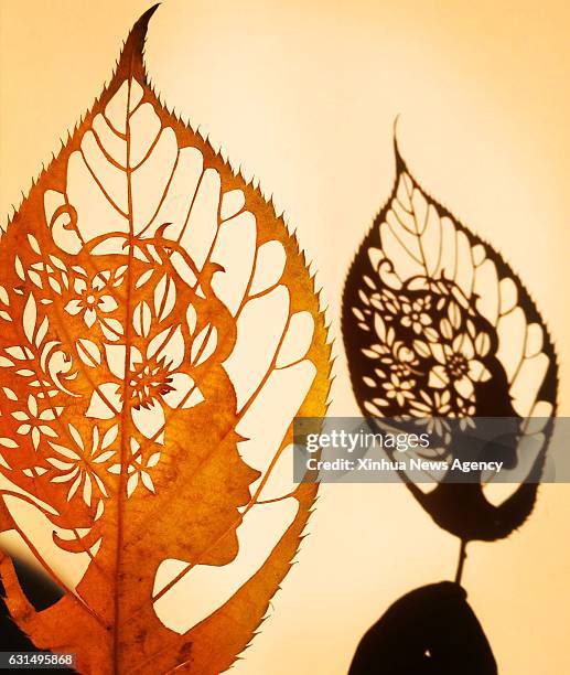 Jan. 11, 2017 -- Photo taken on Dec. 1, 2016 shows the leaf carving work "Kiss from Spring" of Liu Ping, an art teacher of Qingdao Experimental...