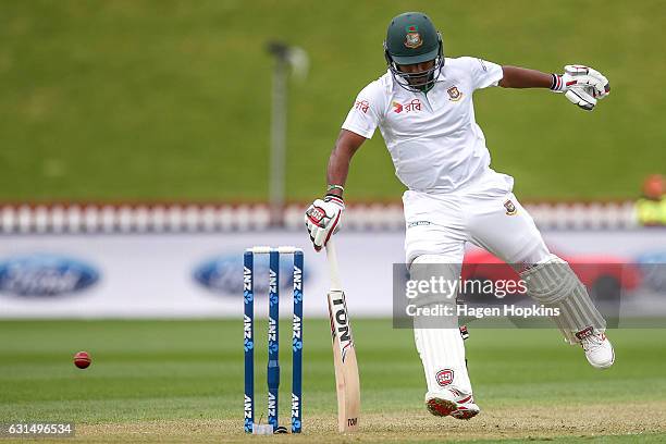 Imrul Kayes of Bangladesh avoids the ball during day one of the First Test match between New Zealand and Bangladesh at Basin Reserve on January 12,...