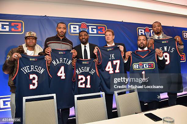 Allen Iverson, Kenyon Martin; Roger Mason Jr., Jeff Kwatinetz, Ice Cube, and Rashard Lewis attend a press conference announcing the launch of the...