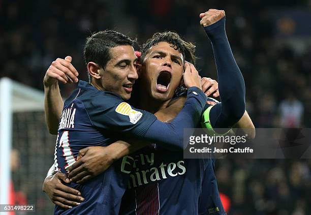 Thiago Silva of PSG celebrates his second goal with Angel Di Maria during the French League Cup match between Paris Saint-Germain and FC Metz at Parc...