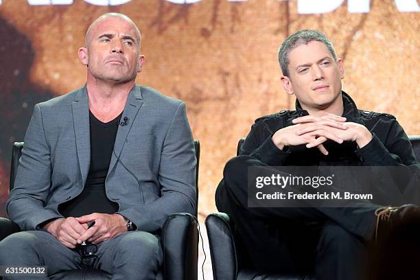 Actors Dominic Purcell and Wentworth Miller of the television show 'Prisonbreak' speak onstage during the FOX portion of the 2017 Winter Television...