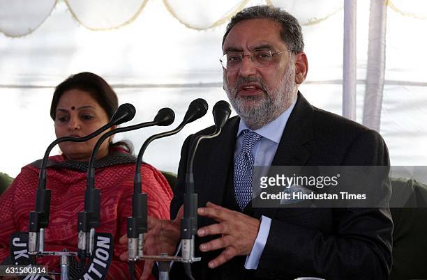 Jammu and Kashmir Finance Minister Haseeb Drabu addressing a press conference after presenting Budget 2017-2018 in Legislative Assembly during the...