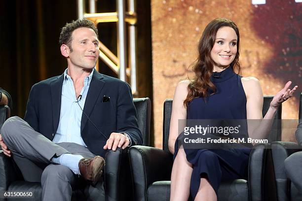 Actors Mark Feuerstein and Sarah Wayne Callies of the television show 'Prisonbreak' speak onstage during the FOX portion of the 2017 Winter...