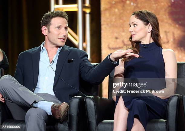 Actors Mark Feuerstein and Sarah Wayne Callies of the television show 'Prisonbreak' speak onstage during the FOX portion of the 2017 Winter...