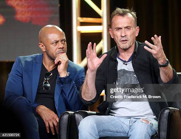 Actors Rockmond Dunbar and Robert Knepper of the television show 'Prisonbreak' speak onstage during the FOX portion of the 2017 Winter Television...