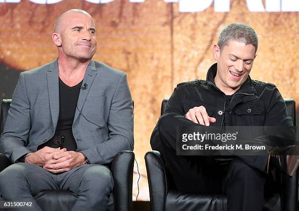 Actors Dominic Purcell and Wentworth Miller of the television show 'Prisonbreak' speak onstage during the FOX portion of the 2017 Winter Television...