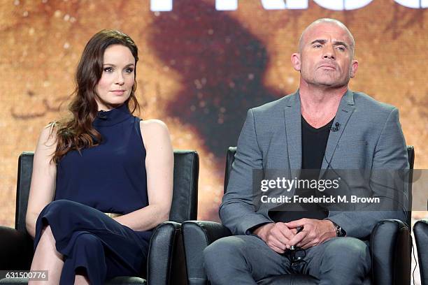 Actors Sarah Wayne Callies and Dominic Purcell of the television show 'Prisonbreak' speak onstage during the FOX portion of the 2017 Winter...