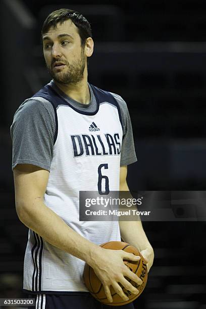 Andrew Bogut of Dallas looks on during the Dallas Mavericks training session at Arena Ciudad de Mexico on January 11, 2017 in Mexico City, Mexico.