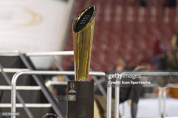 The College Football Playoff National Championship Trophy awaits its presentation after the College Football Playoff National Championship game...