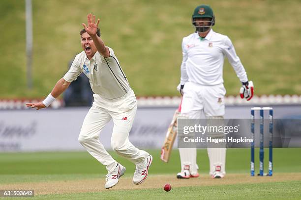 Trent Boult of New Zealand appeals successfully for the wicket of Tamim Iqbal of Bangladesh during day one of the First Test match between New...