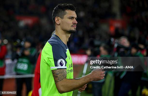 Dejan Lovren of Liverpool during the EFL Cup semi-final first leg match between Southampton and Liverpool at St Mary's Stadium on January 11, 2017 in...