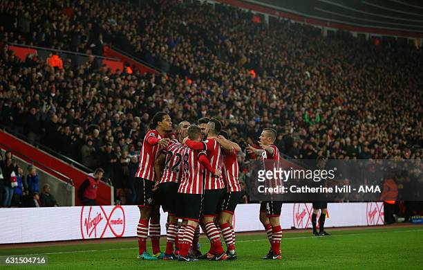 Southampton celebrate after Nathan Redmond of Southampton scores to make it 1-0 during the EFL Cup semi-final first leg match between Southampton and...