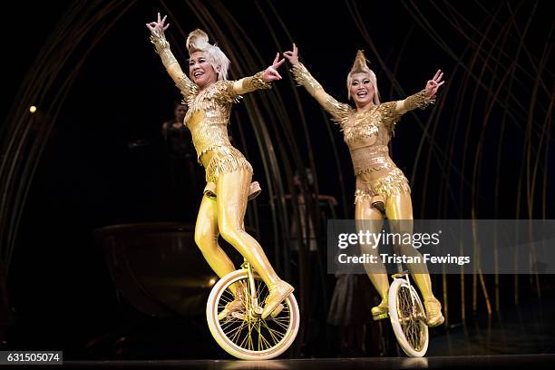 Artists from Cirque Du Soleil perform during a dress rehearsal for Cirque du Soleil's "Amaluna" at Royal Albert Hall on January 11, 2017 in London,...