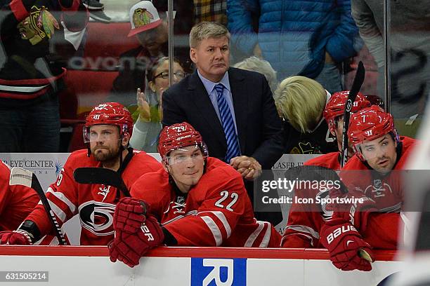 Carolina Hurricanes head coach Bill Peters on the bench in a regular season NHL game between the Chicago Blackhawks and the Carolina Hurricanes on...