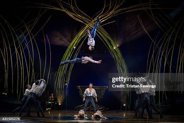 Artists from Cirque Du Soleil perform during a dress rehearsal for Cirque du Soleil's "Amaluna" at Royal Albert Hall on January 11, 2017 in London,...