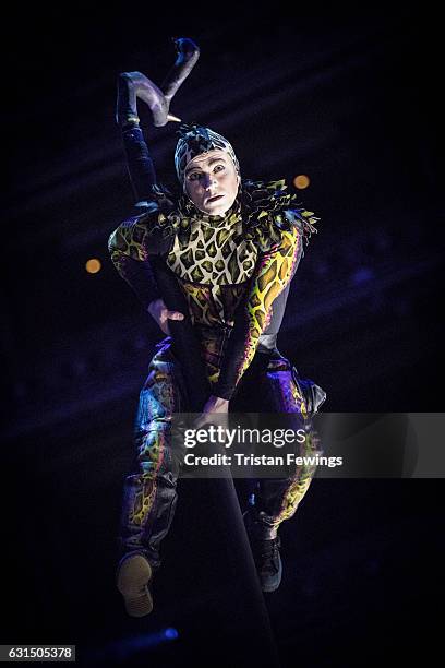 An artist from Cirque Du Soleil performs during a dress rehearsal for Cirque du Soleil's "Amaluna" at Royal Albert Hall on January 11, 2017 in...