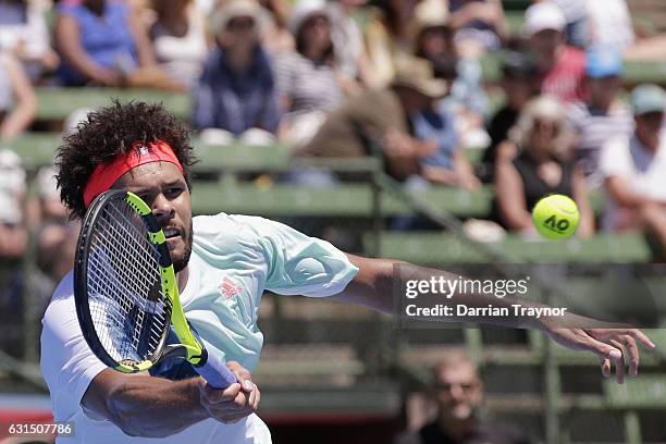 Jo-Wilfried Tsonga of France plays a forehand shot in his match against Borna Coric of Croatia during day three of the 2017 Priceline Pharmacy...