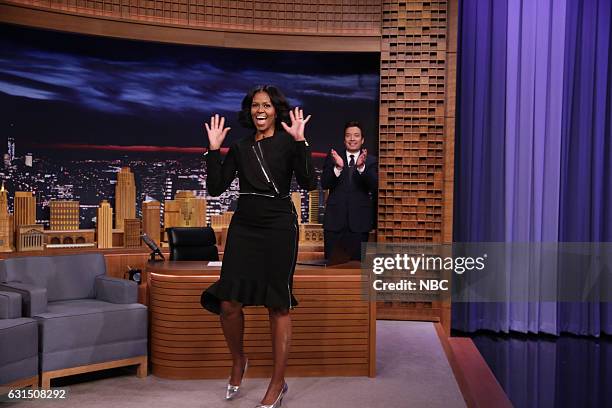 Episode 0600 -- Pictured: First Lady Michelle Obama arrives to an interview with host Jimmy Fallon on January 11, 2017 --