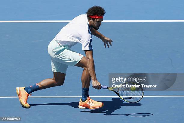 Jo-Wilfried Tsonga of France plays a backhand shot in his match against Borna Coric of Croatia during day three of the 2017 Priceline Pharmacy...