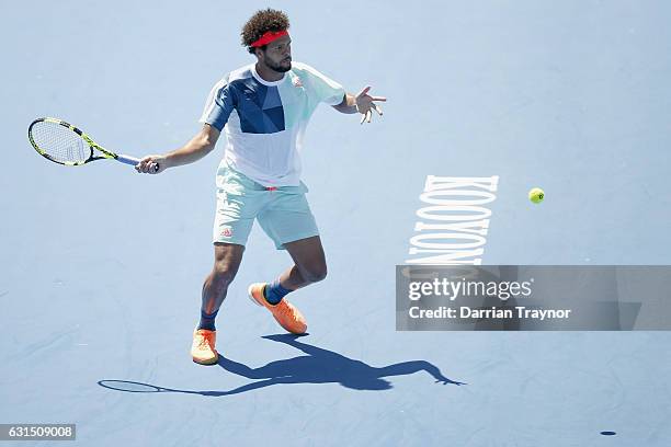 Jo-Wilfried Tsonga of France plays a forehand shot in his match against Borna Coric of Croatia during day three of the 2017 Priceline Pharmacy...