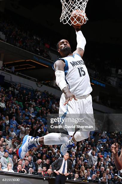 Shabazz Muhammad of the Minnesota Timberwolves goes up for a dunk during a game against the Houston Rockets on January 11, 2017 at the Target Center...