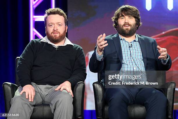 Actors Neil Casey and John Gemberling of the television show 'Making History' speak onstage during the FOX portion of the 2017 Winter Television...