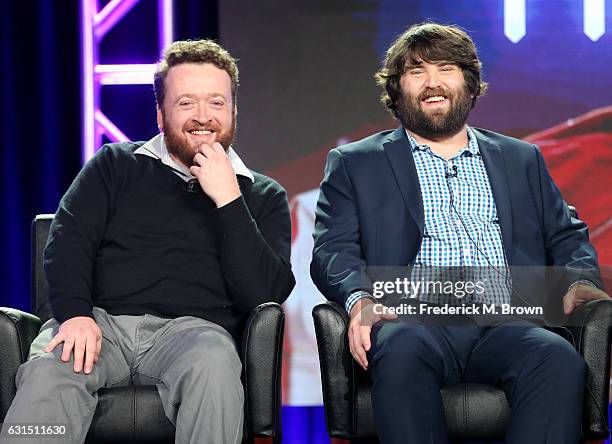 Actors Neil Casey and John Gemberling of the television show 'Making History' speak onstage during the FOX portion of the 2017 Winter Television...