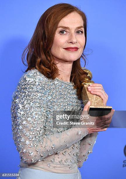 Isabelle Huppert poses at the 74th Annual Golden Globe Awards at The Beverly Hilton Hotel on January 8, 2017 in Beverly Hills, California.