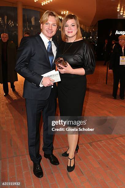 Katharina Fegebank and her boyfriend Mathias Wolff during the opening concert of the Elbphilharmonie concert hall on January 11, 2017 in Hamburg,...