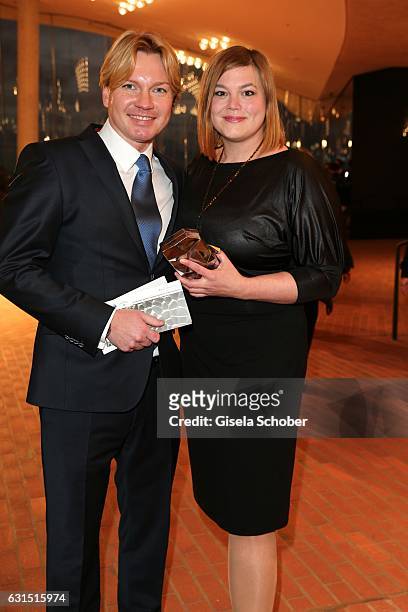 Katharina Fegebank and her boyfriend Mathias Wolff during the opening concert of the Elbphilharmonie concert hall on January 11, 2017 in Hamburg,...