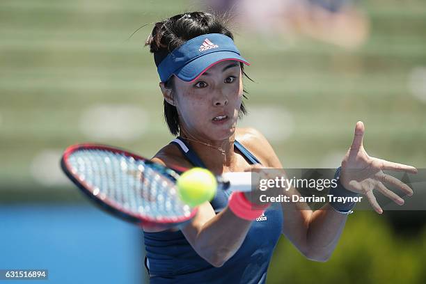 Qiang Wang of China plays a forehand shot in her match against Destanee Aiava of Australia during day three of the 2017 Priceline Pharmacy Classic at...