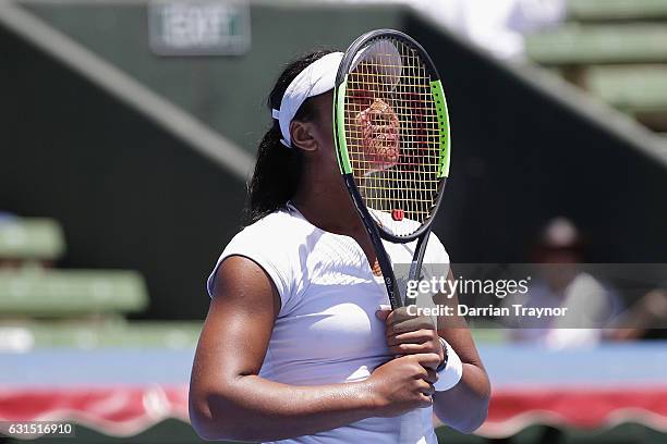 Destanee Aiava of Australia reacts aftetr missing a passing shot in her match against Qiang Wang of China during day three of the 2017 Priceline...