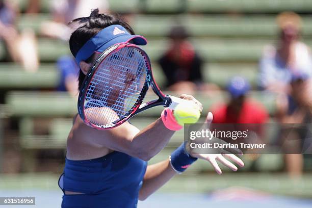 Qiang Wang of China plays a forehand shot in her match against Destanee Aiava of Australia during day three of the 2017 Priceline Pharmacy Classic at...