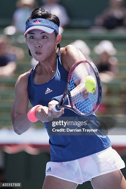 Qiang Wang of China plays a backhand shot in her match against Destanee Aiava of Australia during day three of the 2017 Priceline Pharmacy Classic at...